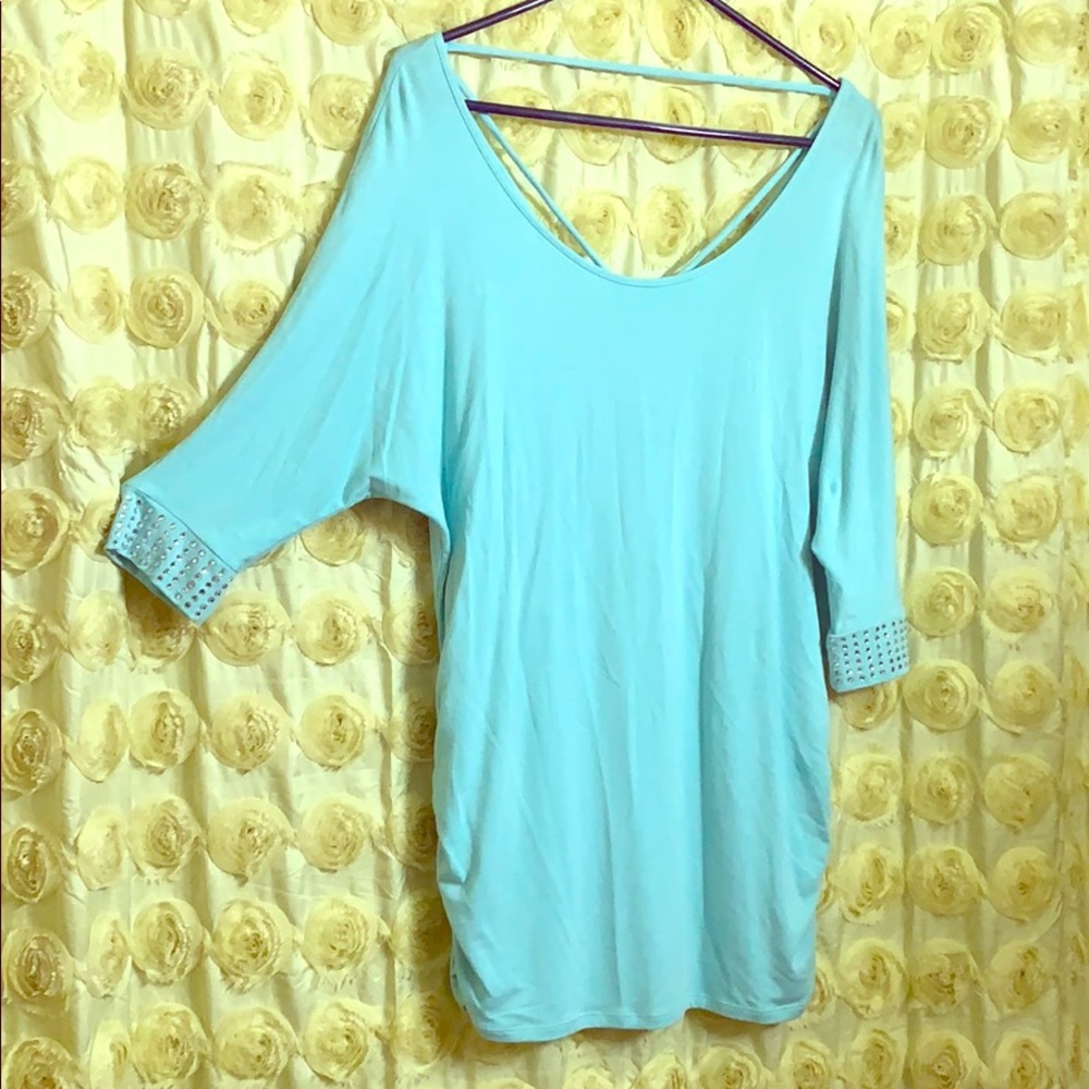 blue sexy low back tunic with gathered sides